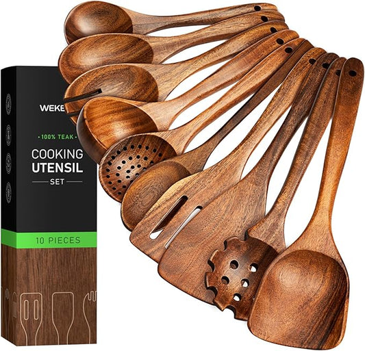 10-Piece Teakwood Utensil Set for Cooking, Natural Wooden Spoons & Spatulas for Non-Stick Cookware, Kitchen Gift Set for Wedding, Housewarming, Christmas