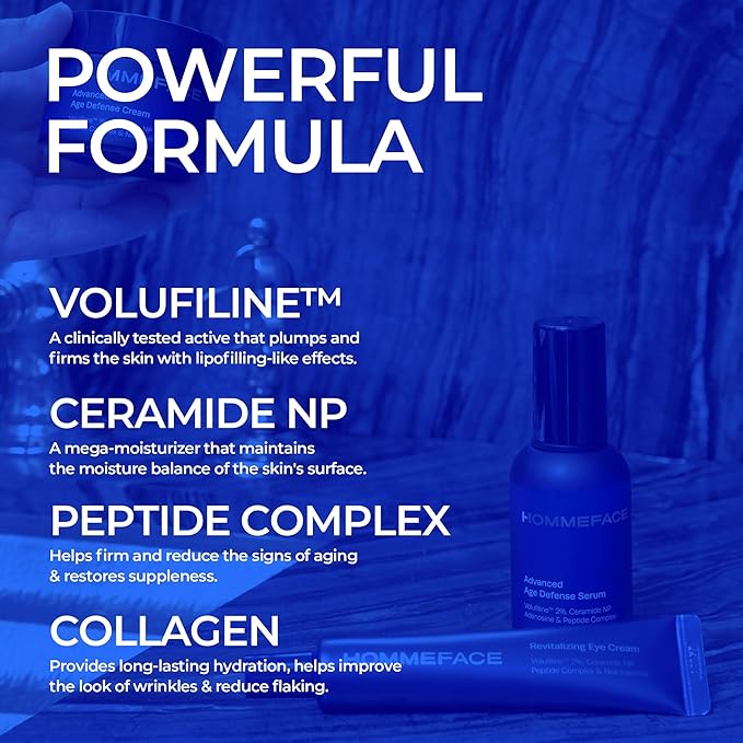 HOMMEFACE Advanced Age Defense 3-Step Anti-Aging Skincare Set for Men - Facial Serum, Eye Cream & Face Cream