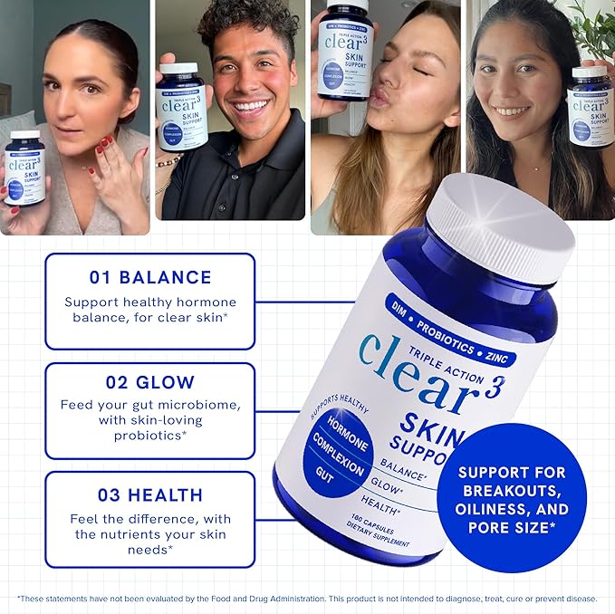 Clear Skin Acne Supplement with Zinc, DIM & Probiotics | 3-in-1 Balance, Clarify, Restore Support with Hyaluronic Acid & Skin Support Vitamins | for Women & Men | Oral Hormonal Acne Pills | 180 Ct