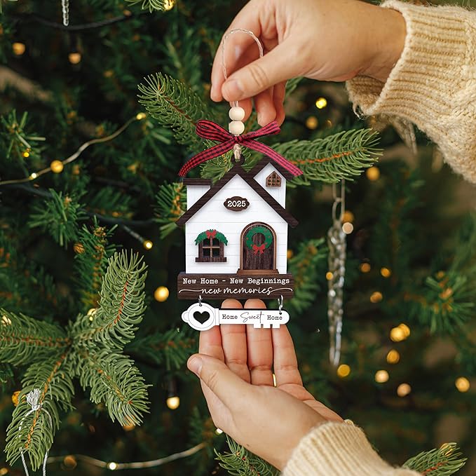 House Warming Gifts New Home Ornament 2025 - Wooden First Christmas in New House Keepsake Gift for Couple, Women, or Families - 3D Wood House & Key Design, Gift Box Included