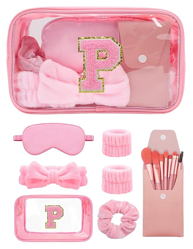 Gift Sets for Women, Initial Makeup Bag with Makeup Brush Set Bachelorette Party Favors, Pink Spa Kit with Skincare Headbands Wrist Bands Sleepover Party Supplies Gifts for Teen Girls Bridesmaid P