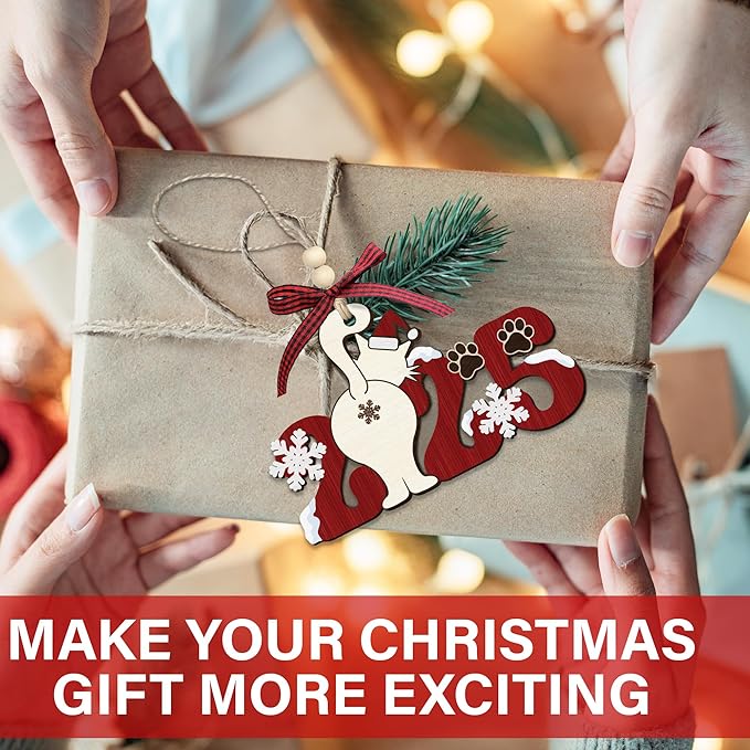Cat Christmas Ornament 2025 - Funny Wooden Cat Ornament for Christmas Tree - Cute Holiday Decor & Cat Lover Gift - Unique Kitten Wood Keepsake with Gift Box