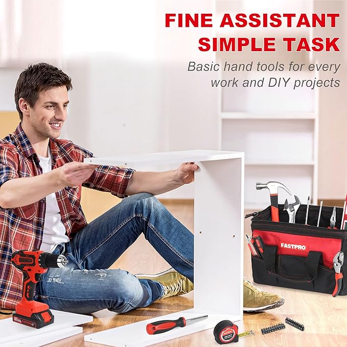 FASTPRO 232-Piece 20V Cordless Lithium-ion Drill Driver & Home Tool Set, Household Repairing Tools Kit with Drill, 12-Inch Wide Mouth Storage Bag, Red