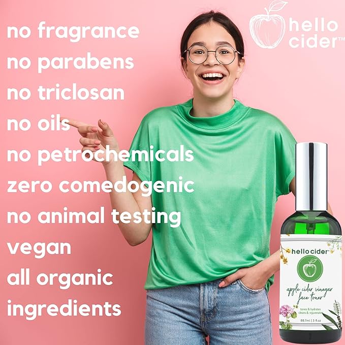 Apple Cider Vinegar Toner - Witch Hazel,Tea Tree,Rose Geranium,Lavender, Chamomile. NO Oils. Tone, Reduce Blemish, Clear Pores & Acne, 3oz. USA Made/Hello Cider