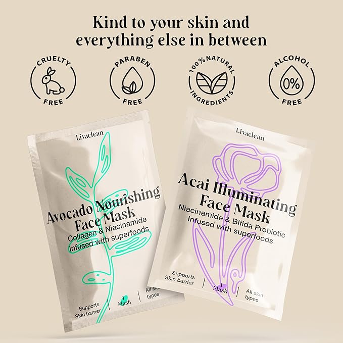 LivaClean 12 CT Face Masks Skincare - Collagen Sheet Mask - Hydrating Face Masks Bulk with Glycerin, Hyaluronic Acid, Aloe Vera - Soothing, Refreshing, Moisturizing Formula for All Skin Types