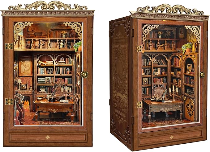 Book Nook Kit, DIY Mini Vintage Library for Stress Relief, 3D Wooden Puzzle Bookshelf Decor with Dust Cover, Gifts for Adults Teens, Book Lovers- Time Book House(SQ-47)