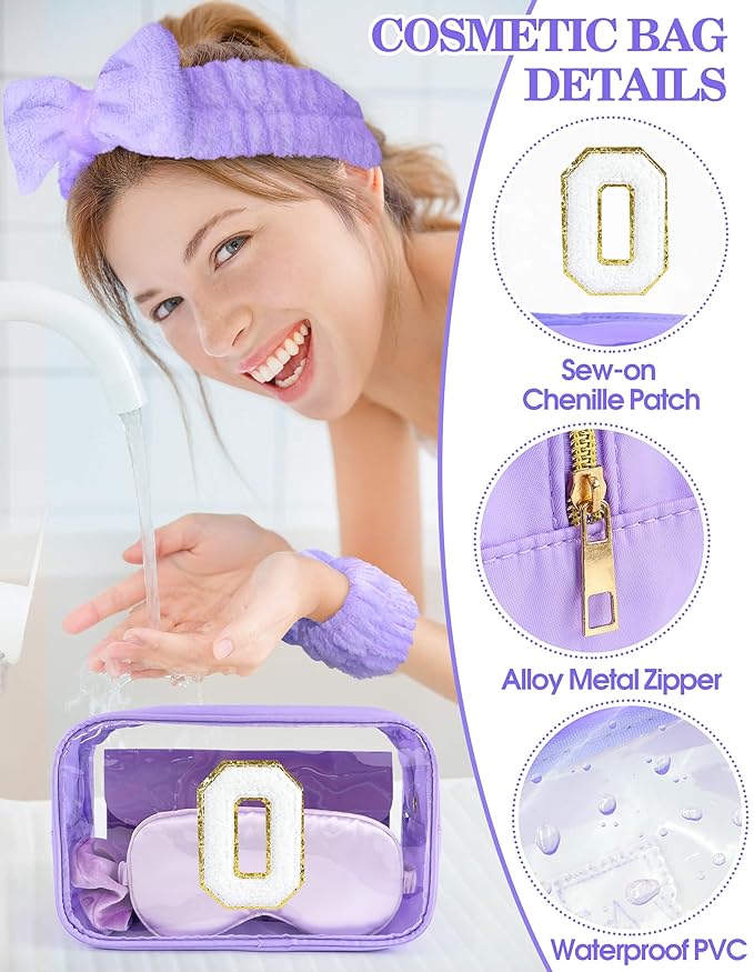 Gift Sets for Women, Initial Makeup Bag with Makeup Brush Set Bachelorette Party Favors, Purple Spa Kit with Skincare Headbands Wrist Bands Sleepover Party Supplies Gifts for Teen Girls Bridesmaid O
