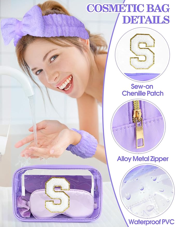 Gift Sets for Women, Initial Makeup Bag with Makeup Brush Set Bachelorette Party Favors, Purple Spa Kit with Skincare Headbands Wrist Bands Sleepover Party Supplies Gifts for Teen Girls Bridesmaid S