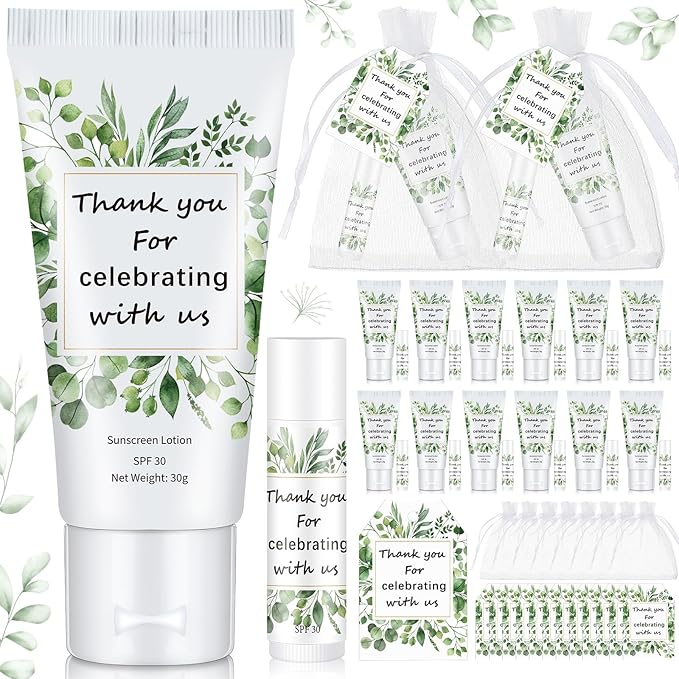 12 Sets Thank You Gifts Mini Sunscreen and Sunscreen Lip Balms Travel Size Thank You Gifts for Weddings Baby Shower Favors Supplies(Wedding Eucalyptus)