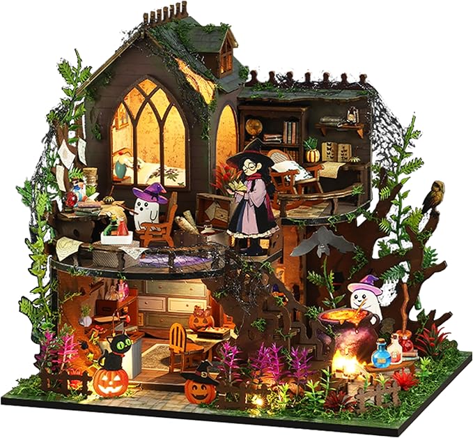 ISSEVE DIY Miniature House Kit, Tiny House Dollhouse Kit for Adults, Mini House Building Kits, Halloween Christmas Home Bookshelf Decoration, Gifts for Family and Friends (Magic Castle)