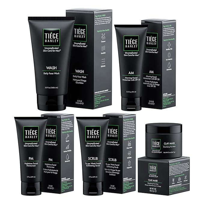 Tiege Hanley 90-Day Large Advanced Skin Care Routine for Men - Face Wash Kit for Fines Lines - Men's Skincare Set Includes Face Wash, Facial Scrub, Moisturizer, & Clay Mask