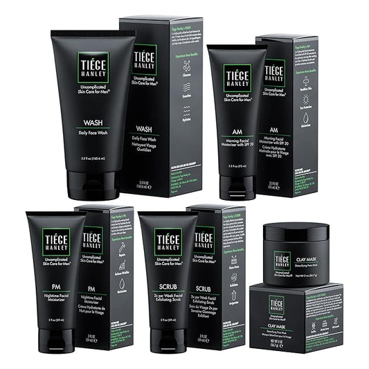 Tiege Hanley 90-Day Large Advanced Skin Care Routine for Men - Face Wash Kit for Fines Lines - Men's Skincare Set Includes Face Wash, Facial Scrub, Moisturizer, & Clay Mask