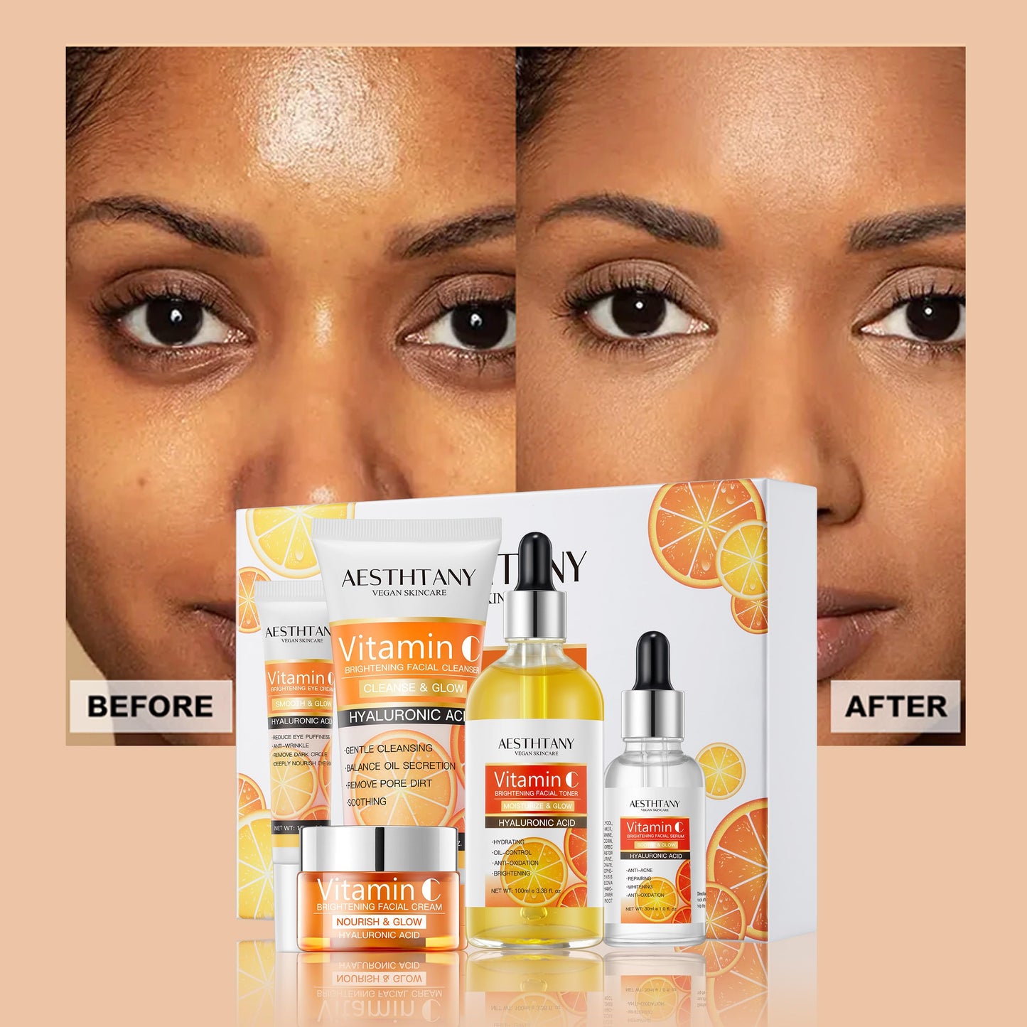 AESTHTANY Vitamin C Skin Care Set Moisturizing Hyaluronic Acid Skin Care Kit 5PCS For Women Beauty Set Gift Set