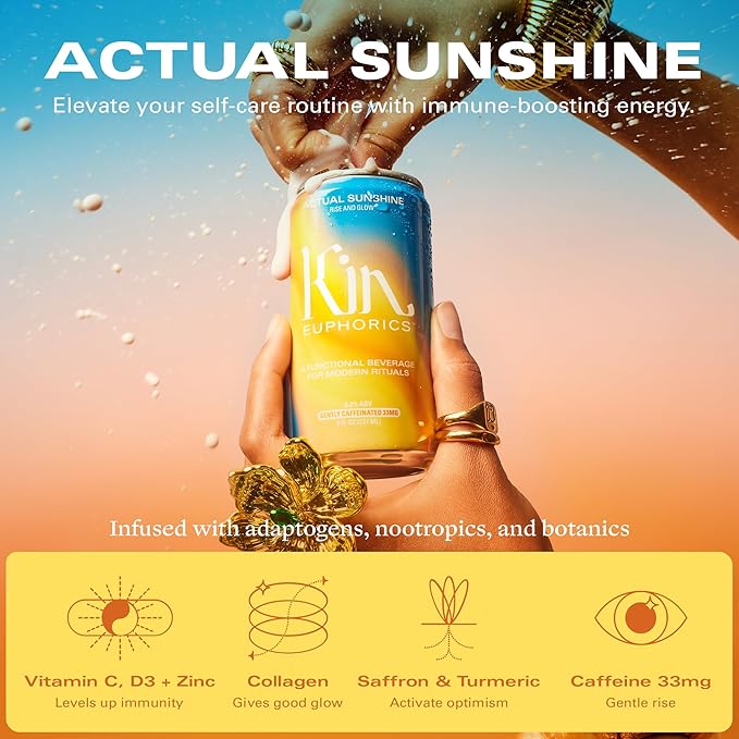 Kin Euphorics Actual Sunshine Non-Alcoholic Functional Beverage | Rise and Glow from Within | Immunity + Beauty Booster | Adaptogens, Nootropics, Collagen | 8 FL Oz, 24PK