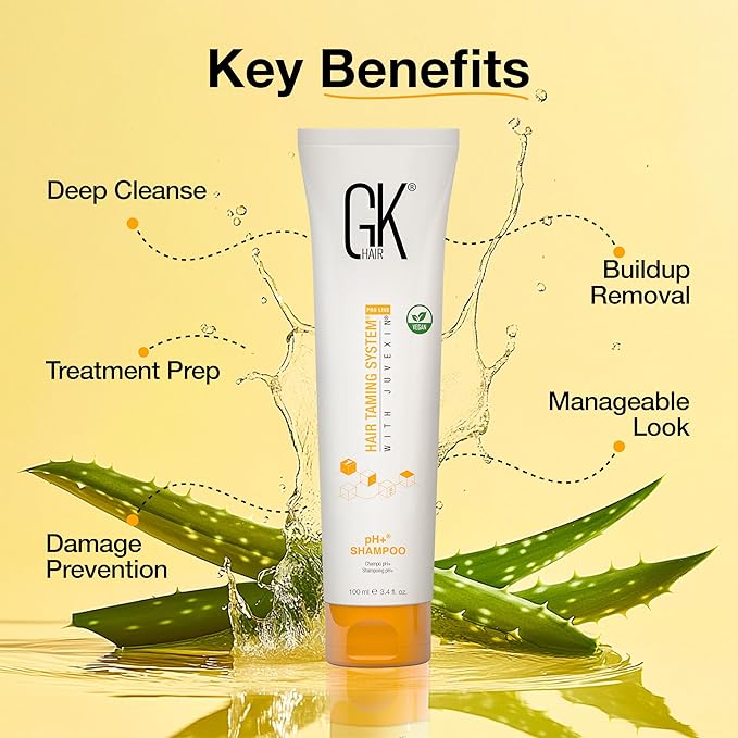 Global Keratin GK HAIR pH+ Pre-Treatment Clarifying Shampoo (3.4 Fl Oz/100ml) For Preps Hair Deep Cleansing,Removes Impurities -With Aloe Vera, Vitamins & Natural Oils All Hair Types Men and Women