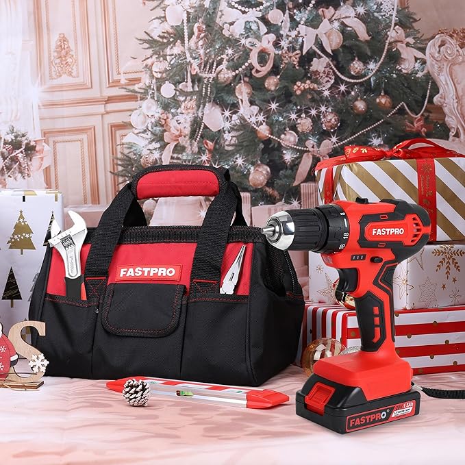 FASTPRO 232-Piece 20V Cordless Lithium-ion Drill Driver & Home Tool Set, Household Repairing Tools Kit with Drill, 12-Inch Wide Mouth Storage Bag, Red
