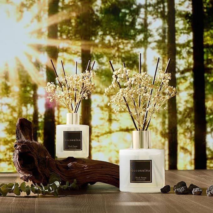 COCORRÍNA Reed Diffuser - Black Forest 17 Fl.oz Reed Diffuser with 8 Sticks Scented Diffuser with Preserved Flowers for Bathroom Home Decor