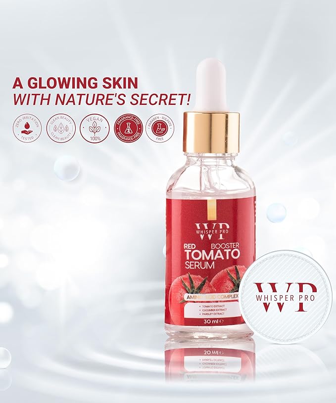 Whisper Pro Red Tomato Face Moisturizing Serum 100% Vegan 1 fl oz. - Anti Aging and Hydrating Formula - Evening Skin Tone - Strengthening Skin Barrier - Lycopene Face Skin Treatment Serum