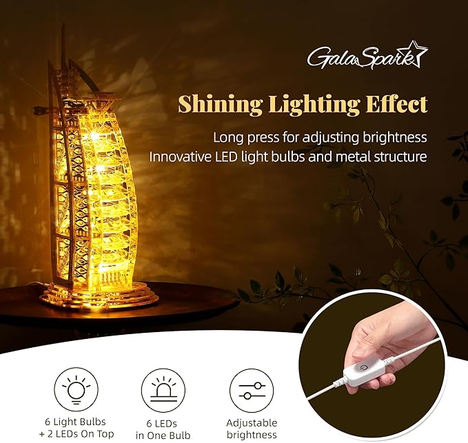 3D Puzzle Burj Al Arab Building Model Kit, DIY Dubai Landmark Building Model with LED Light, Home Decor Festival Gift for Adults & Children 100PCS (Golden)