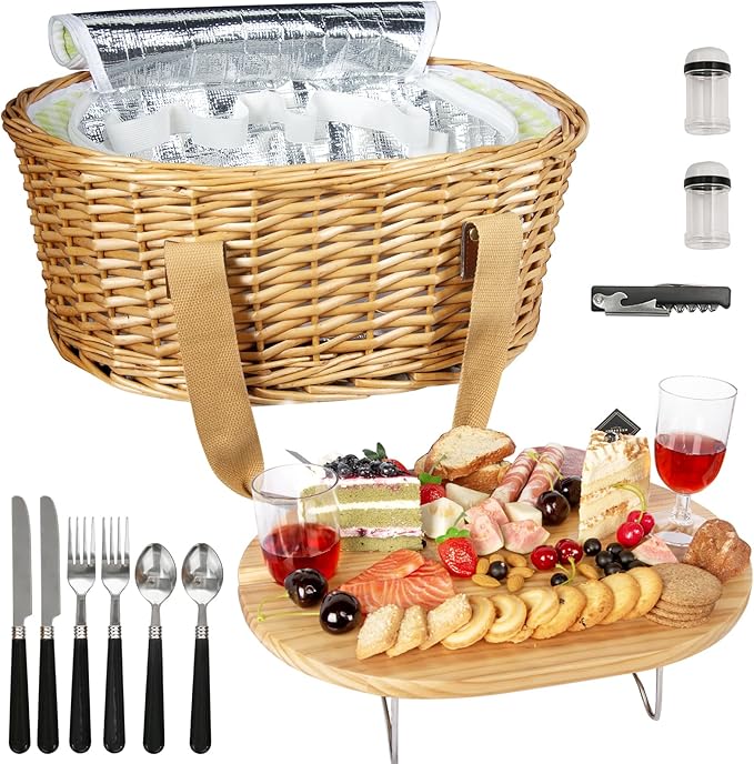Hap Tim Wicker Picnic Basket Set for 2 with Mini Folding Wine Picnic Table & Large Insulated Cooler Bag & Cutlery Service Kits for 2 Person, Couples Gifts, Wedding Gifts (Y2209-2-GR)