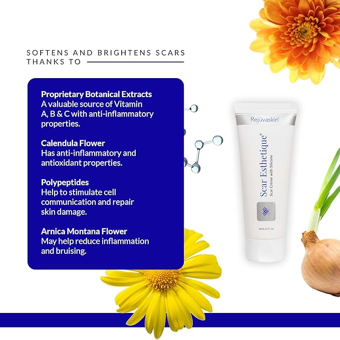 Rejuvaskin Scar Esthetique Scar Cream with Silicone, Reduces the Appearance of Surgical Scars, Burns, Stretch Marks, Keloids & Acne Scars, 60ml