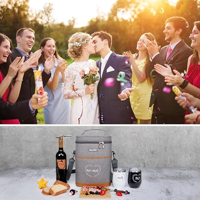 Hap Tim Wedding Gifts for Couples, Bridal Shower Gifts, Engagement Gifts for Newlyweds, Mr and Mrs gifts - Wine Cooler Bag Insulated Wine Carrier Tote with Tumblers, Bamboo Cheese Borad