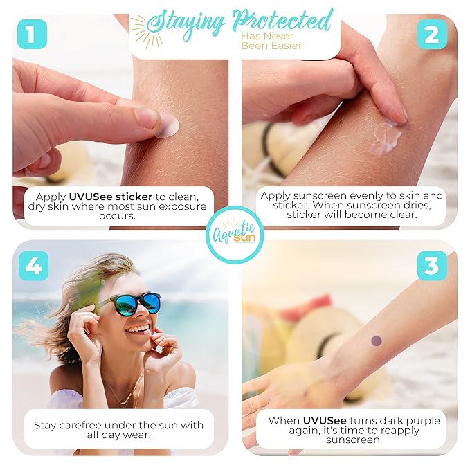 UV Stickers for Sunscreen Reapplication to Avoid Burns - Sunscreen Reminder Stickers You Can Wear All Day - Sweat & Waterproof UV Activated Sunscreen Stickers - UV Sticker Aquatic Sun (Pack of 4)