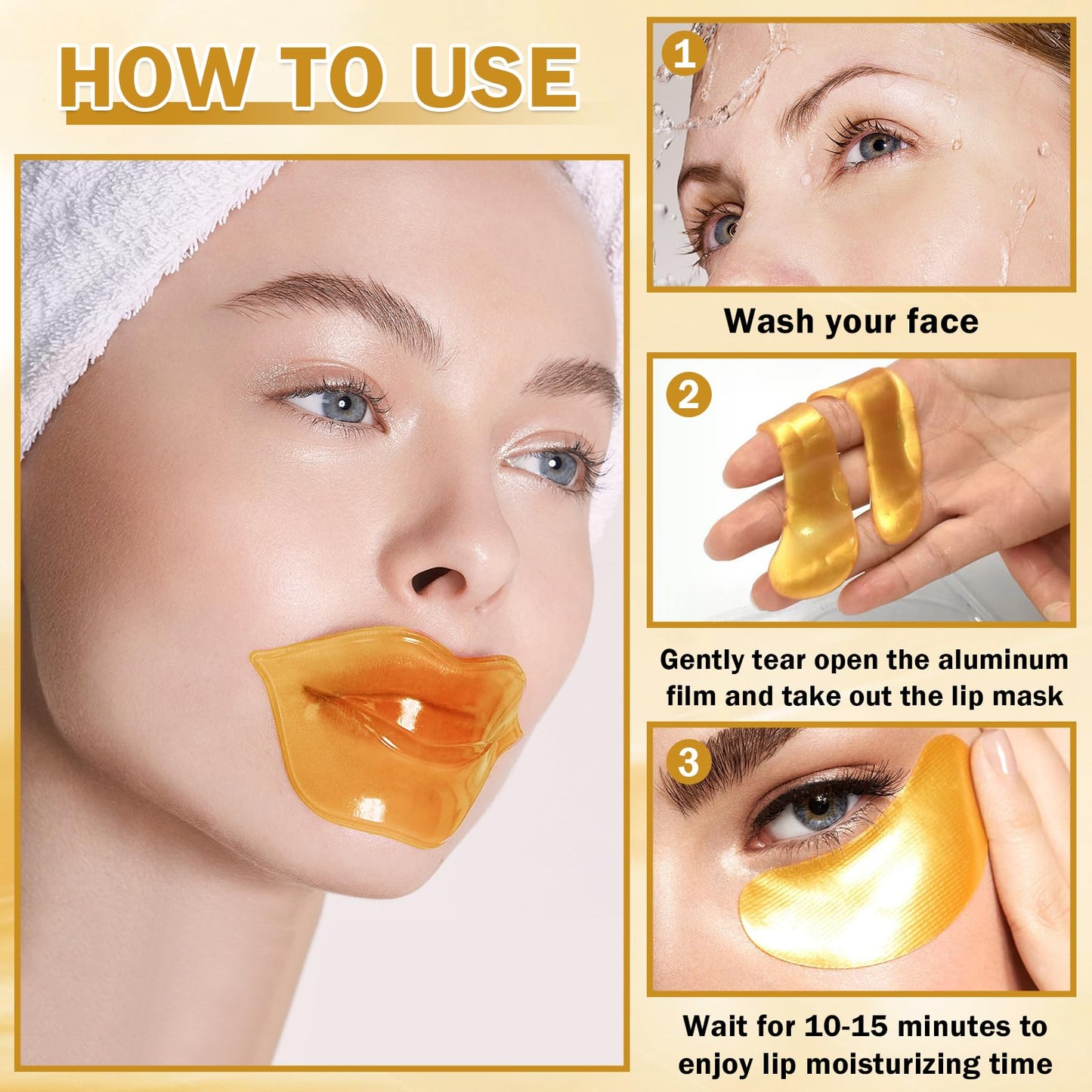 CAHIUYOA 30PCS Lip Mask & Eye Mask 24k Gold Under Eye Patches for Puffy Eyes and Dark Circles Effectively Moisturizing the Lip and Eye Skin Reducing Fine Lines