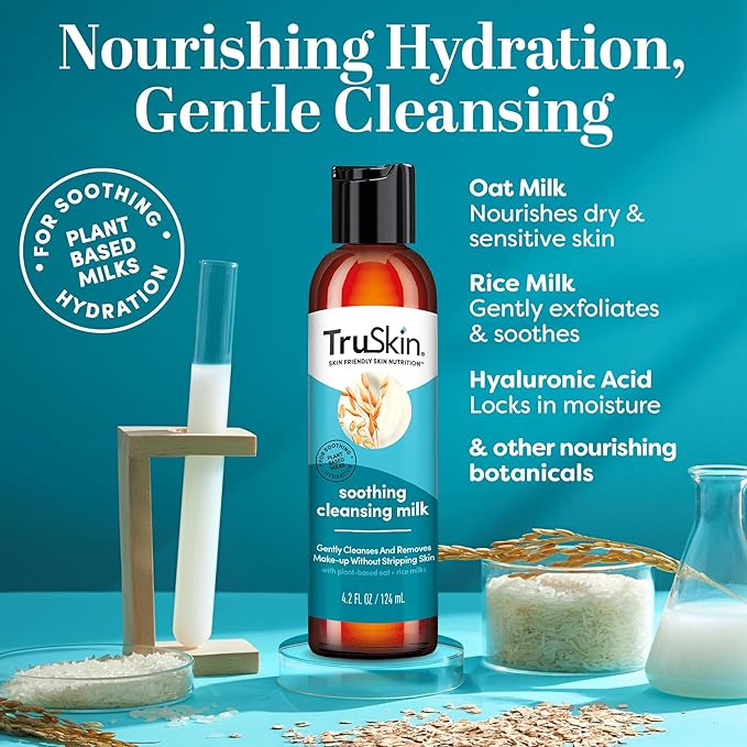 TruSkin Soothing Cleansing Milk for Face – Gentle Facial Cleanser for Sensitive Skin with Plant-Based Rice & Oat Milk plus Hyaluronic Acid - Gently Removes Make-Up Without Stripping Skin, 4.2 fl oz
