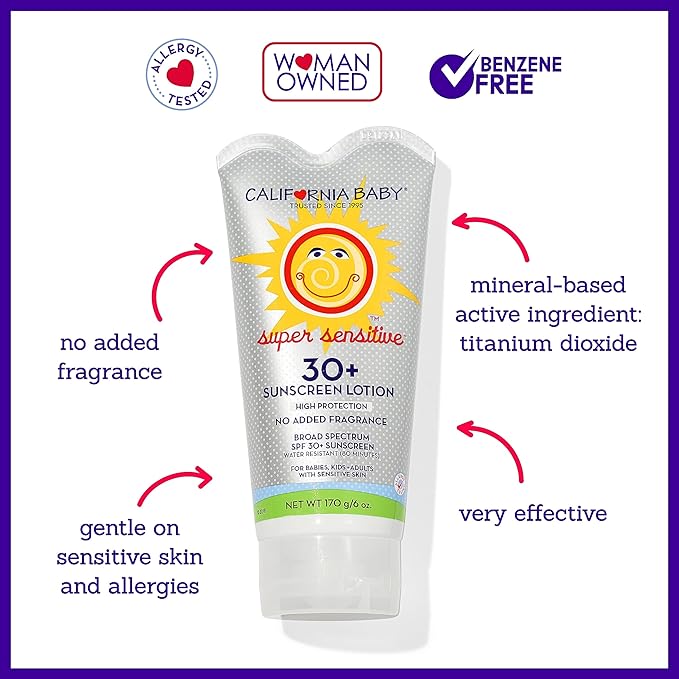 California Baby Super Sensitive SPF 30+ Sunscreen | Unscented | Mineral Based | Baby Sunscreen for Face + Body | Titanium Dioxide | 170 grams / 6oz