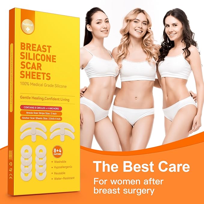 Silicone Scar Sheets for Breast - Including 8 Areola Soft Strips & 4 Anchor Sheets, Medical Grade & Reusable Breast Silicone Scar Tape for Surgical Scars
