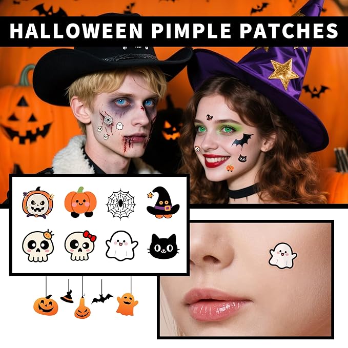 Pimple Patches,Halloween Acne Patch,Pimple Patches for Face, Cute Stickers,Salicylic Acid & Tea Tree, 100PCS Hydrocolloid Dots in 8 Colors for Face,Cute Halloween Stickers