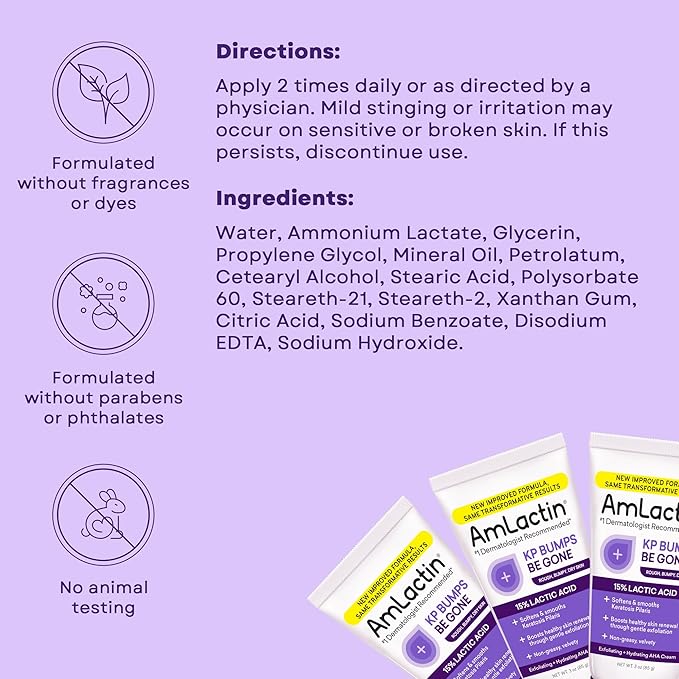 AmLactin KP Bumps Be Gone - 3 oz Keratosis Pilaris Moisturizing Cream with 15% Lactic Acid - Exfoliator and Moisturizer for Dry, Rough and Bumpy Skin (Packaging May Vary)