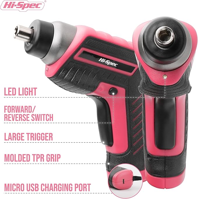 Hi-Spec 35pc Pink Tool Kit with 3.6V USB Electric Screwdriver and Drill Set. Complete Women Tool Set