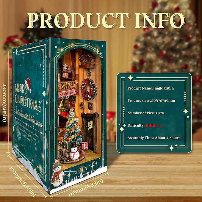 DIY Book Nook Kit - Christmas Wooden Miniature House Kit Rotating Decor, Gift for 14+ Dollhouse Kit - Jingle Cabin (SQ-34)