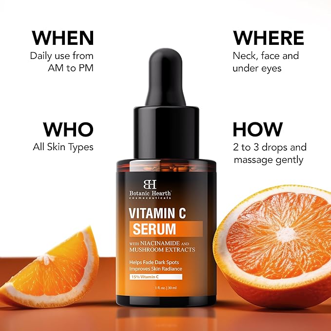 Botanic Hearth 15% Vitamin C Face Serum With Niacinamide, Hyaluronic Acid, Allantoin, Cica, Ferulic Acid & Vitamin E | Targets Dark Spots, Sun Damage, Wrinkles To Brighten & Even Tone Skin| 1Fl Oz