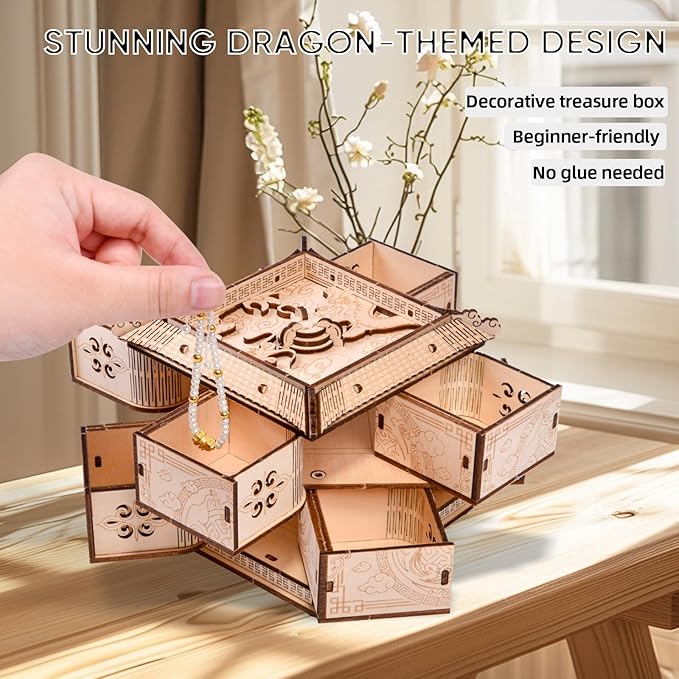 3D Wooden Puzzle Mechanical Treasure Box of Dragon, DIY Model Kits and 3D Puzzles for Adults, Unique Wooden Puzzle for Adults, Hobbies Projects Adult Building Sets Gift for Women and Kids
