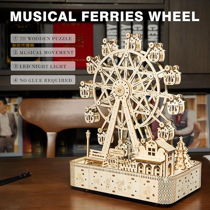 3D Wooden Puzzle Upgraded Ferris Wheels Music Box Model LED Light DIY Crafts Kits Home Decoration Brain Teaser Valentine’s Day Birthday Gift for Adults & Kids (Ferris Wheel LG)
