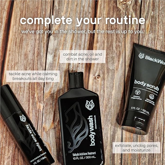 Black Wolf Salicylic Acid Body Wash for Men - Acne Body Wash - Charcoal Helps Reduce Acne Breakouts & Cleanse Your Skin - Full Coverage & Deep Clean Treatment - Men's Bodywash, 10 Fl Oz