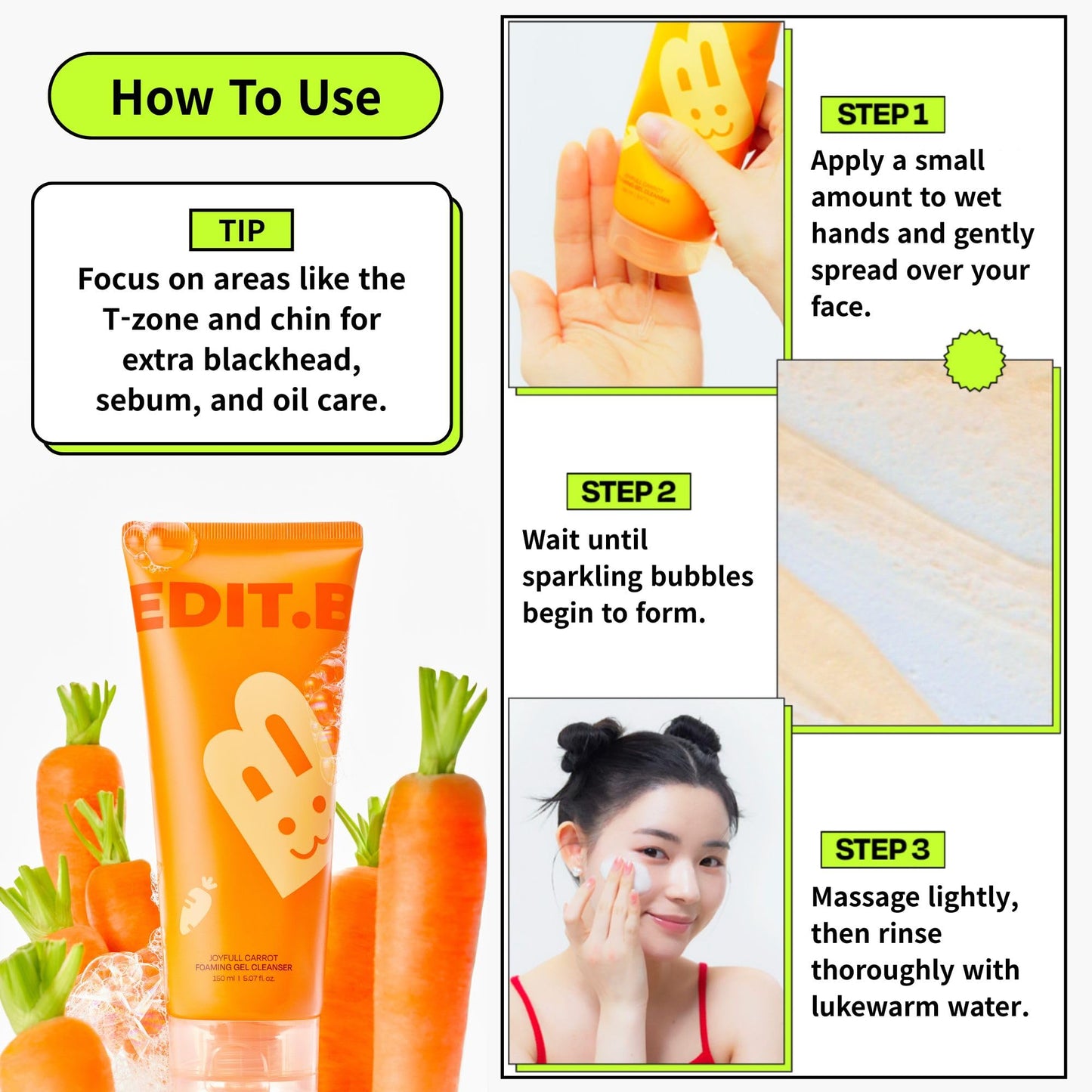 EDIT.B Joyfull Carrot Foaming Gel Cleanser, Gentle Deep Pore Cleansing Face Wash, Removes Makeup, Impurities, Sebum, Blackheads & Whiteheads, Non-Drying Daily Korean Skincare, 5.07 fl.oz / 150ml