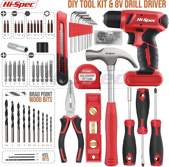 Hi-Spec 58pc Red 8V USB Electric Power Cordless Drill Driver and Home DIY Tool Kit Set. Screw Driver and Drill Bit Set Accessories, Pliers and Hammer In a Toolbox Case