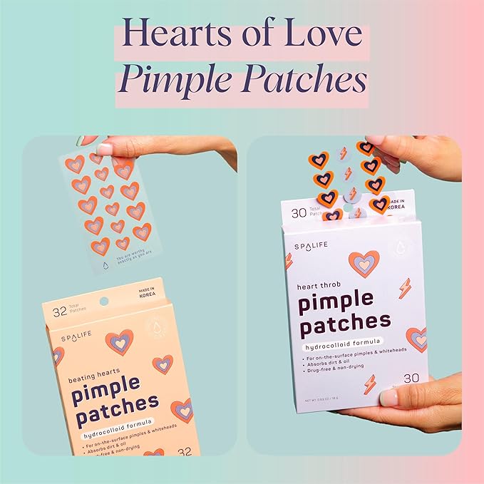 SpaLife Hydrocolloid Heart Pimple Patch Duo – Overnight Acne Patches for Blemishes, Redness & Oil Control – 62 Assorted Spot Patches for All Skin Types