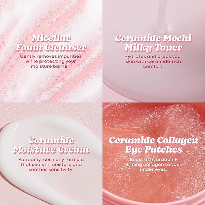 TONYMOLY Wonder Ceramide Mochi Essentials Kit – 4-Piece Set with Ceramide Toner, Cream, Cleanser & Eye Patches – Hydrating, Barrier-Boosting Skincare with Hyaluronic Acid, Vitamin B5 & Centella