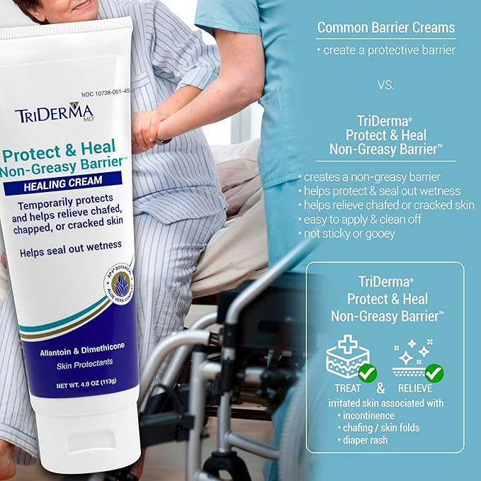TriDerma Protect & Heal Non-Greasy Moisture Barrier Skin Protectant Incontinence Cream for Adult Diaper Rash, Chafing, Redness, Sensitive Skin with Dimethicone, Aloe Vera, FSA Eligible 4 oz
