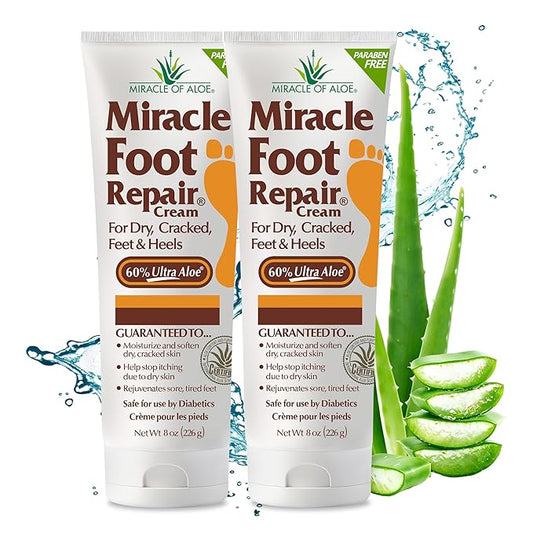 Miracle Foot Repair Cream (8 oz / 2-Pack) Repairs Dry Cracked Heels and Feet, 60% Pure UltraAloe Moisturizes, Softens, and Repairs