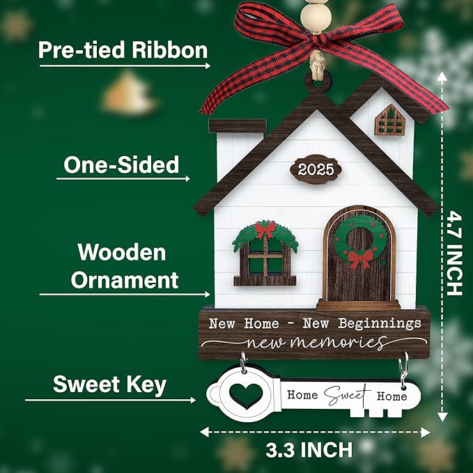 House Warming Gifts New Home Ornament 2025 - Wooden First Christmas in New House Keepsake Gift for Couple, Women, or Families - 3D Wood House & Key Design, Gift Box Included