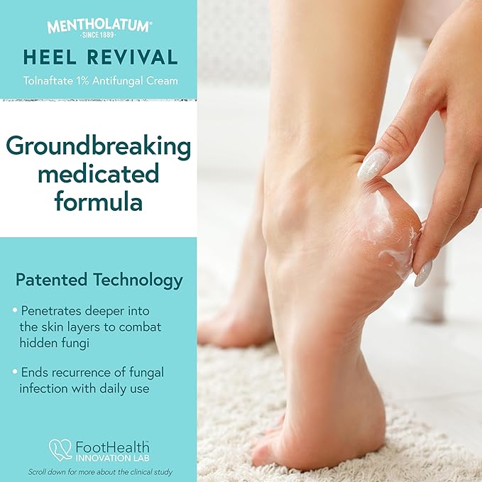 Mentholatum Heel Revival, Persistent Cracked Heel Repair Treatment, 1% Tolnaftate Antifungal Cream, Antifungal Foot Treatment, Eliminates & Prevents Fungus, 1 OZ