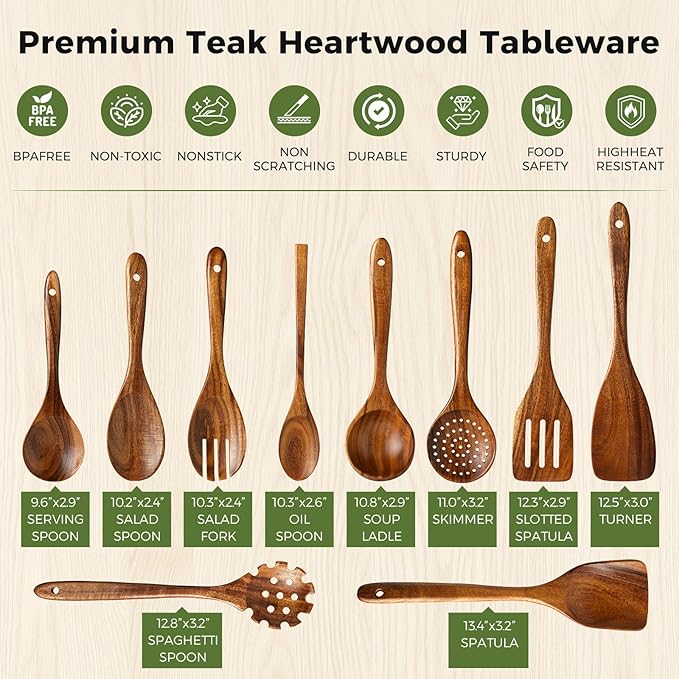 10-Piece Teakwood Utensil Set for Cooking, Natural Wooden Spoons & Spatulas for Non-Stick Cookware, Kitchen Gift Set for Wedding, Housewarming, Christmas