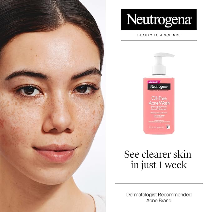 Neutrogena Oil-Free Pink Grapefruit Acne Face Wash, Vitamin C & Salicylic Acid Cleanser, Daily Acne Treatment For Face, Blemish & Blackhead Clearing Facial Cleanser, 9.1 fl. oz