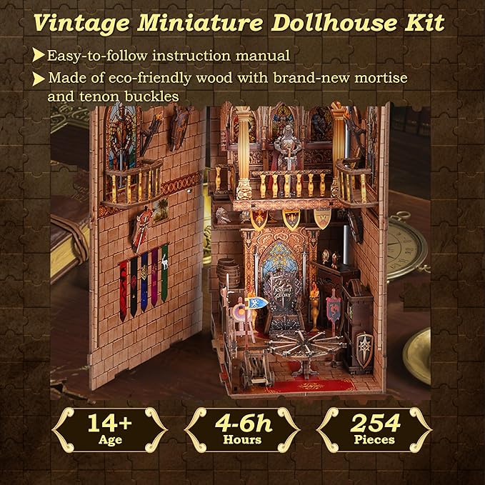 Book Nook Kit - Knight's Castle Dollhouse with Throne Room Scene, Miniature 3D Puzzle for Bookshelves, Dual Power LED Collectible Edition for Adults & Teens